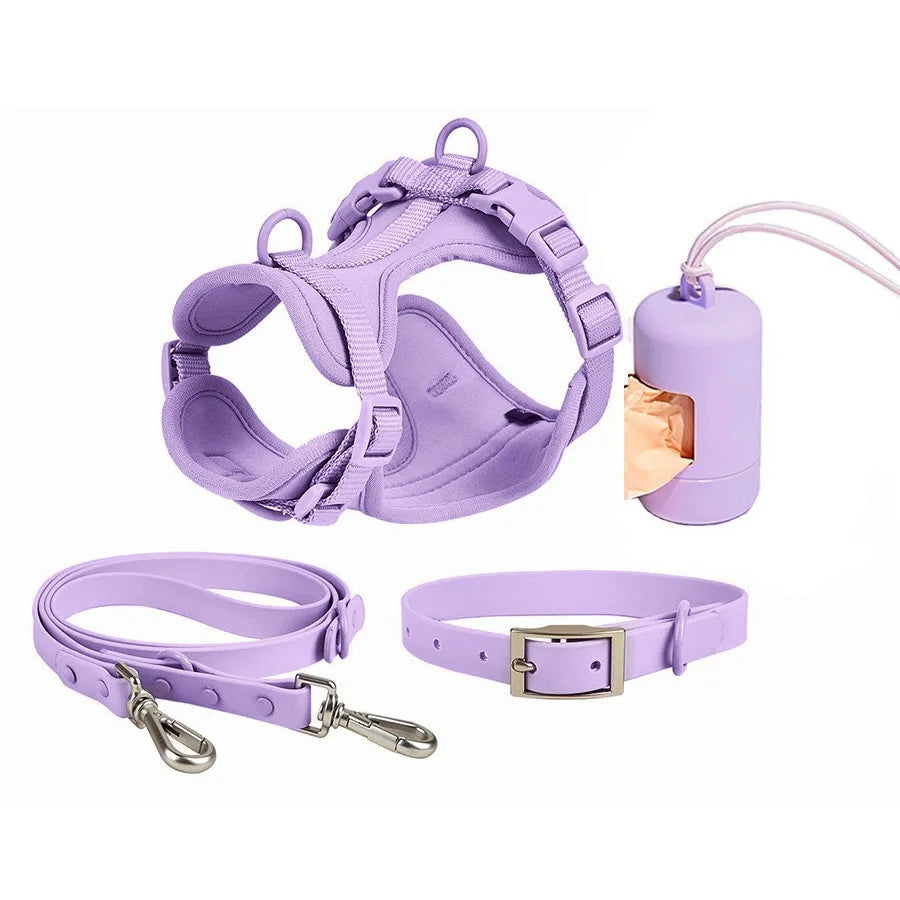 4-Piece Set Dog Harness Dog Leash Dog Collar Adjustable Waterproof Easy To Clean Dog Vest Harness With Dog Poop Bag Holder