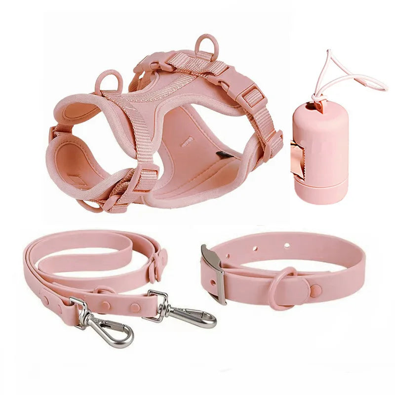 4-Piece Set Dog Harness Dog Leash Dog Collar Adjustable Waterproof Easy To Clean Dog Vest Harness With Dog Poop Bag Holder