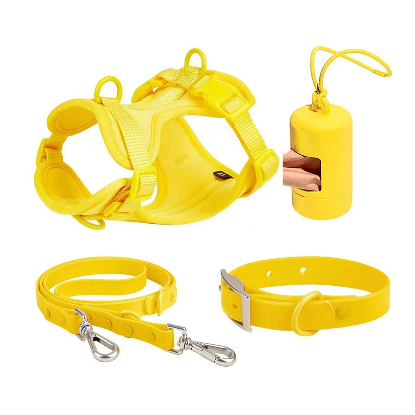 4-Piece Set Dog Harness Dog Leash Dog Collar Adjustable Waterproof Easy To Clean Dog Vest Harness With Dog Poop Bag Holder