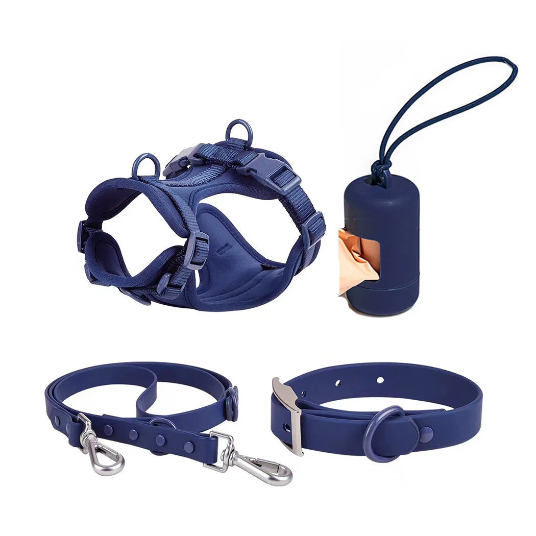 4-Piece Set Dog Harness Dog Leash Dog Collar Adjustable Waterproof Easy To Clean Dog Vest Harness With Dog Poop Bag Holder
