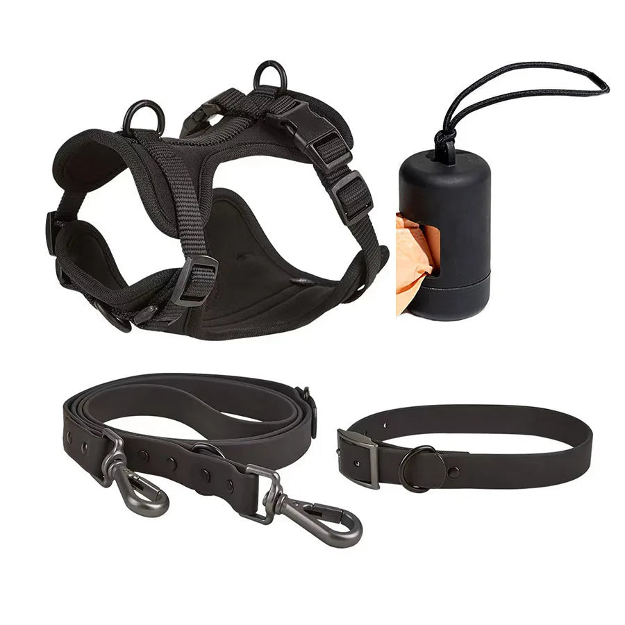 4-Piece Set Dog Harness Dog Leash Dog Collar Adjustable Waterproof Easy To Clean Dog Vest Harness With Dog Poop Bag Holder