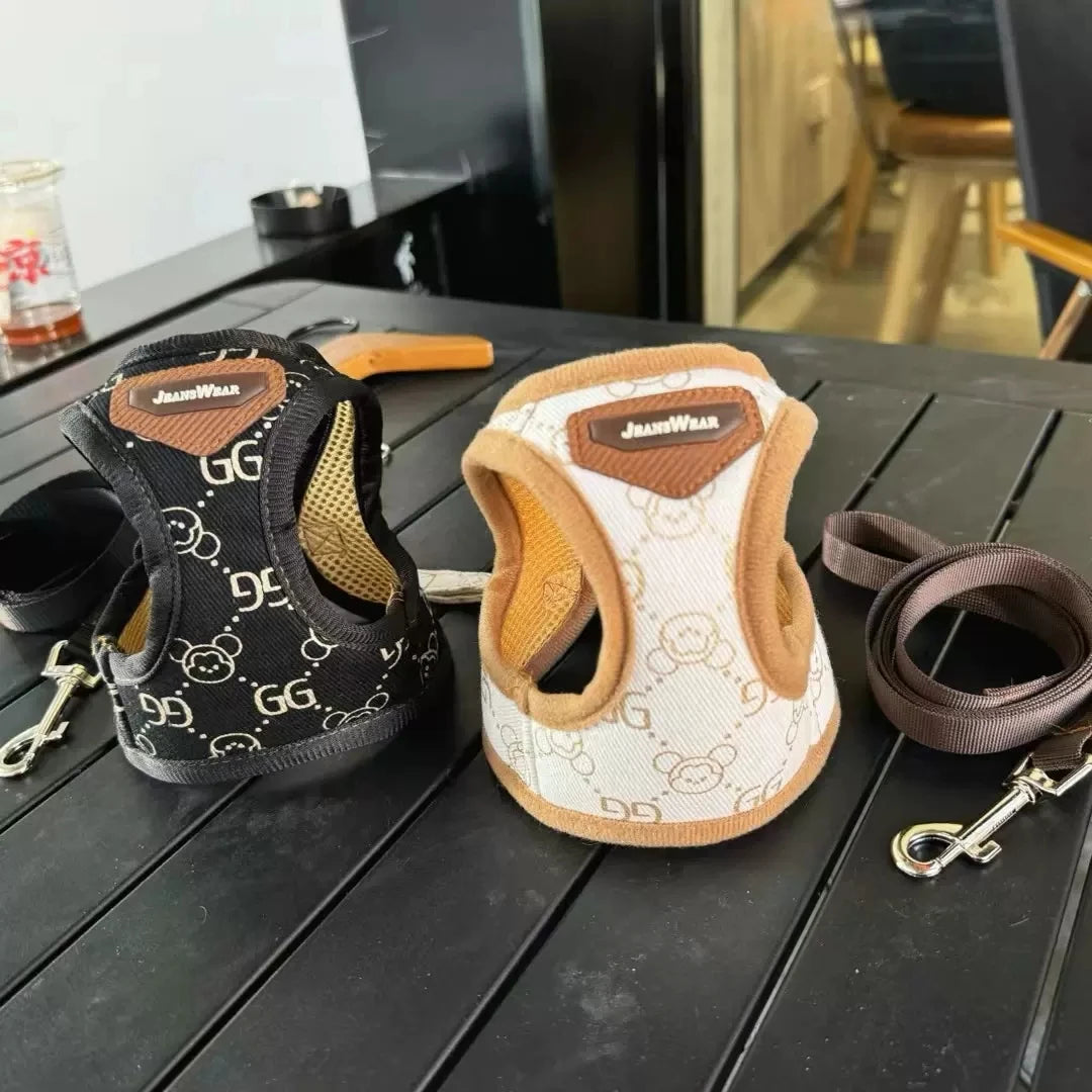 Black Khaki Dog Harness Vest And Leash Set Luxury Pet Chest Strap Walking Lead  Collar Vest For Puppy Animal Schnauzer Chihuahua