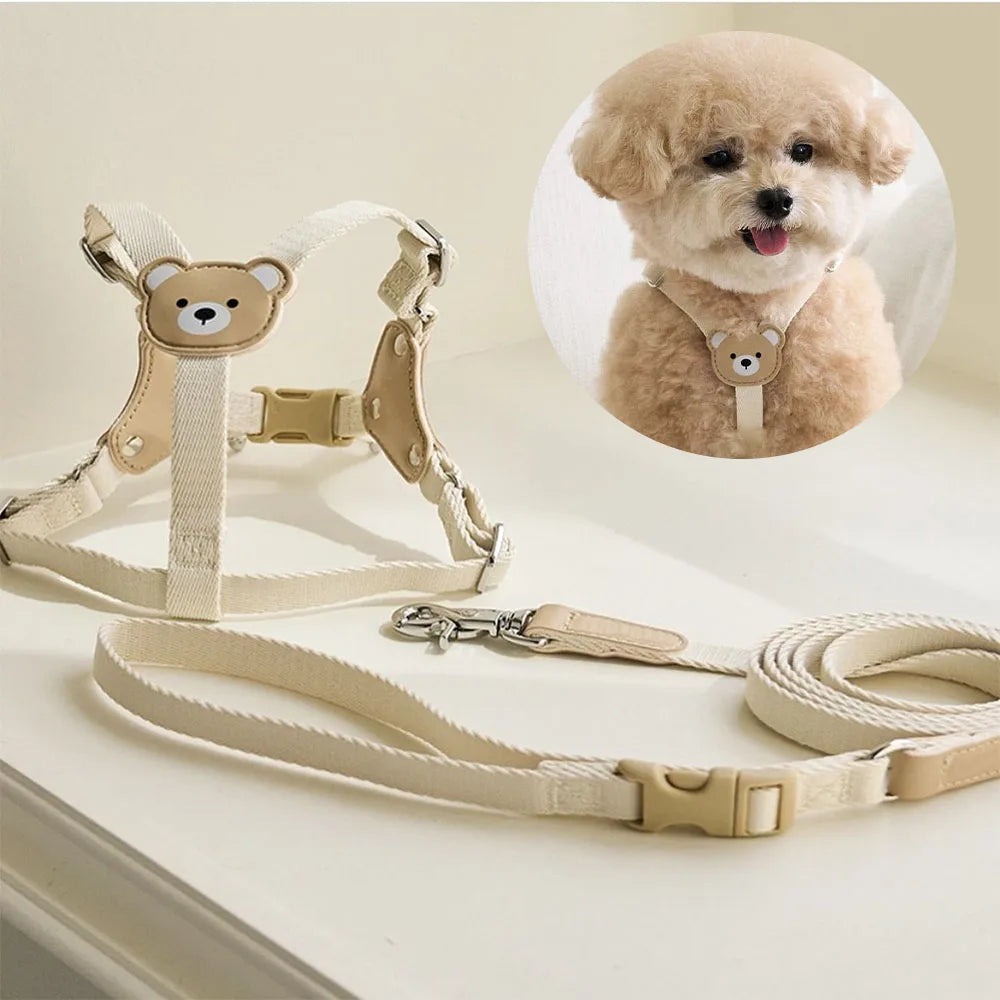 Pet Harness and Leash Set For Small Meduim Dogs Adjustable Cute Beige Puppy Harness Vest With lead Outdoor Walking Pet Supplies