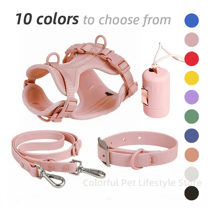 4-Piece Set Dog Harness Dog Leash Dog Collar Adjustable Waterproof Easy To Clean Dog Vest Harness With Dog Poop Bag Holder
