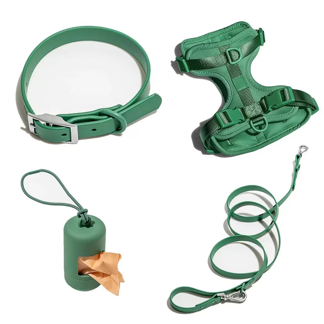 4-Piece Set Dog Harness Dog Leash Dog Collar Adjustable Waterproof Easy To Clean Dog Vest Harness With Dog Poop Bag Holder