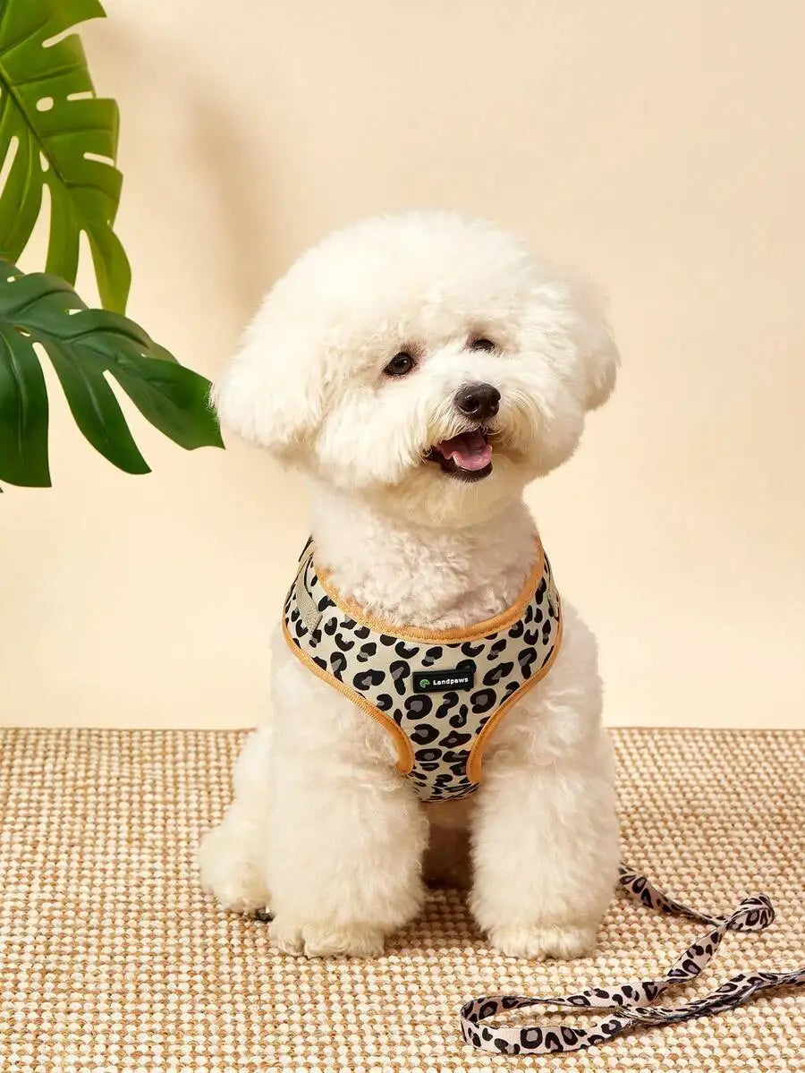 PETSIN 6pcs Pet Dog Outdoor Travel Set: Leopard Print Harness, Leash, Collar, Bow Tie, Flag & Poop Bag Holder,