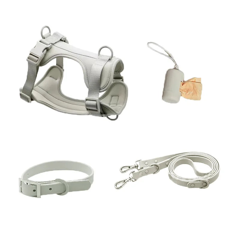 4-Piece Set Dog Harness Dog Leash Dog Collar Adjustable Waterproof Easy To Clean Dog Vest Harness With Dog Poop Bag Holder