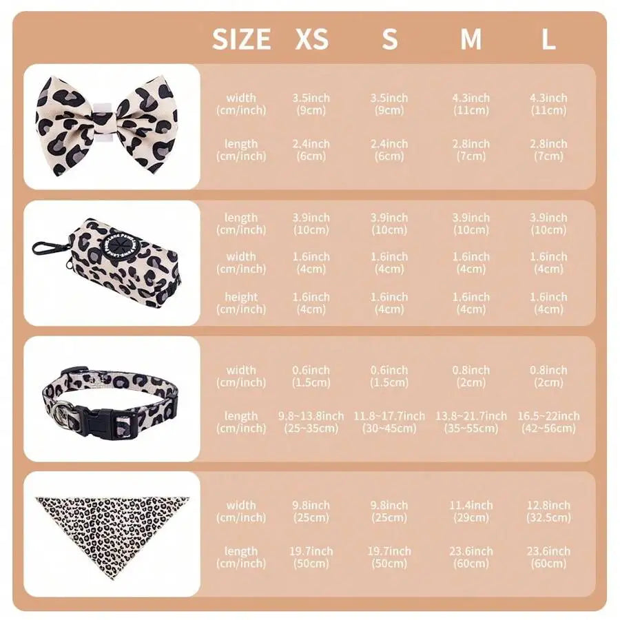 PETSIN 6pcs Pet Dog Outdoor Travel Set: Leopard Print Harness, Leash, Collar, Bow Tie, Flag & Poop Bag Holder,