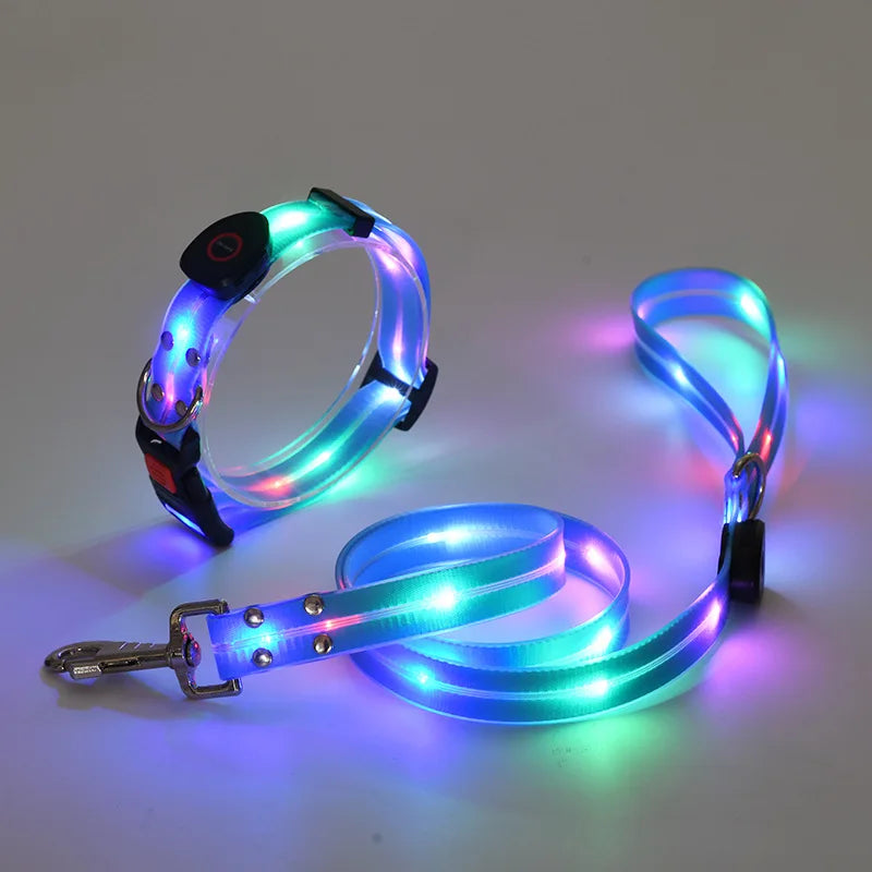 Pet light-up collar leash LED flashing collar USB charging dog walking pulling belt adjustable dog collar fashion pet supplies