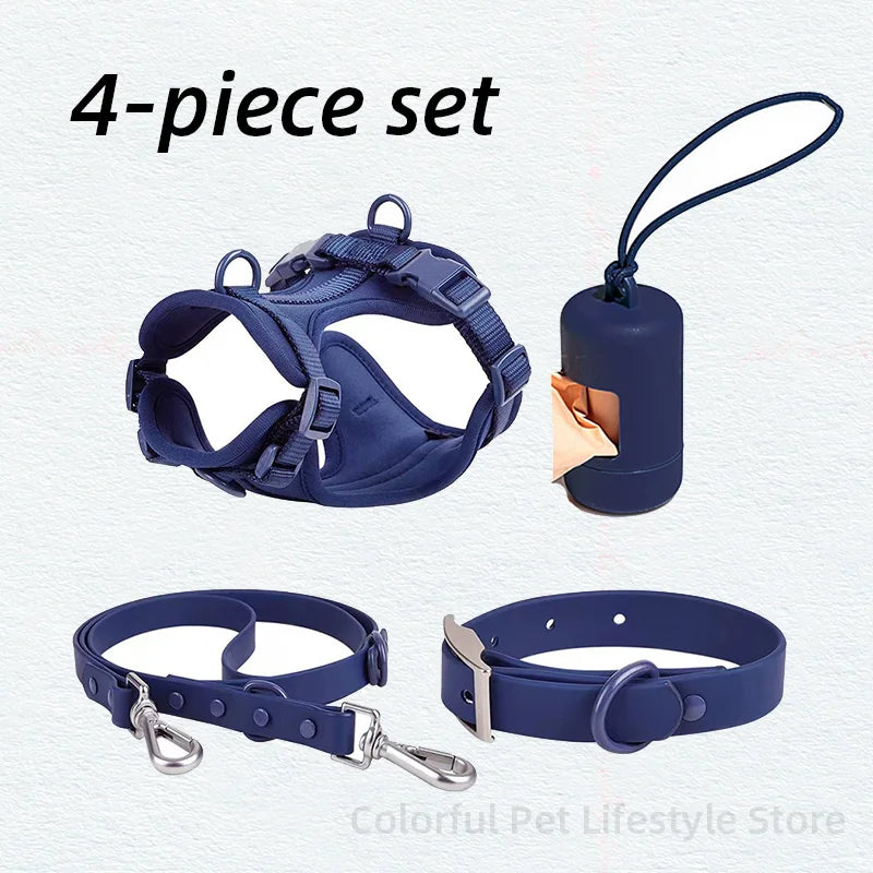 4-Piece Set Dog Harness Dog Leash Dog Collar Adjustable Waterproof Easy To Clean Dog Vest Harness With Dog Poop Bag Holder