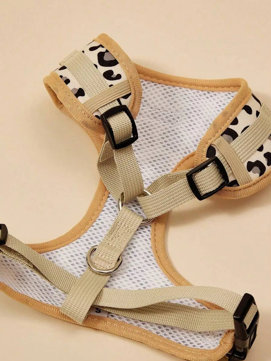 PETSIN 6pcs Pet Dog Outdoor Travel Set: Leopard Print Harness, Leash, Collar, Bow Tie, Flag & Poop Bag Holder,