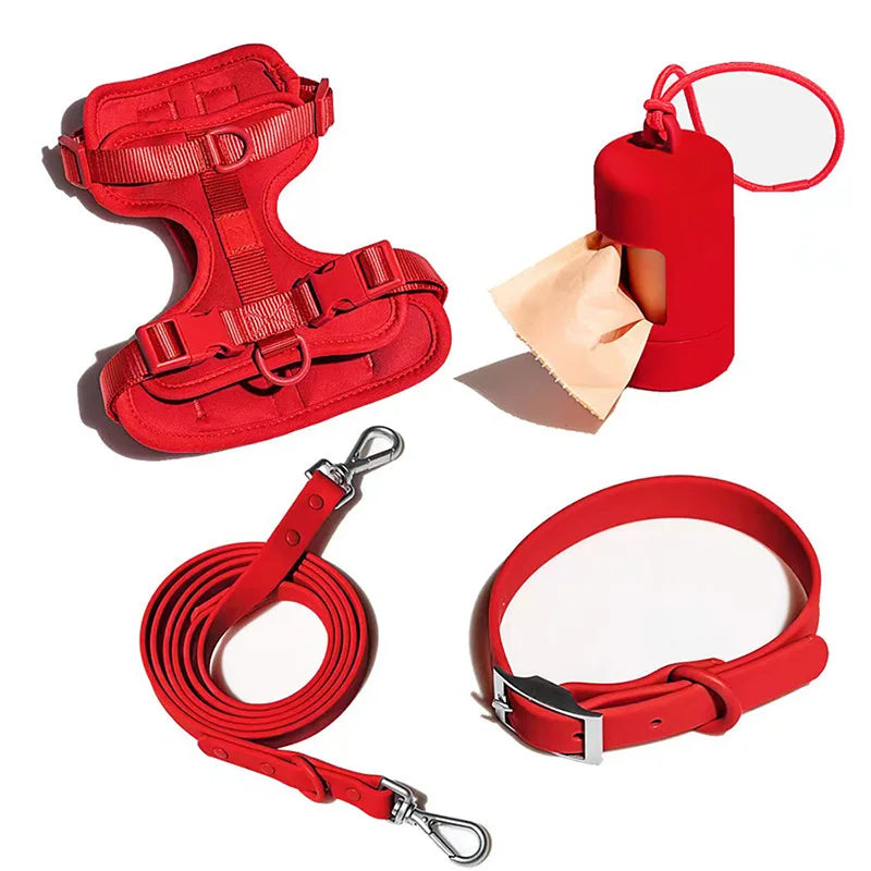 4-Piece Set Dog Harness Dog Leash Dog Collar Adjustable Waterproof Easy To Clean Dog Vest Harness With Dog Poop Bag Holder