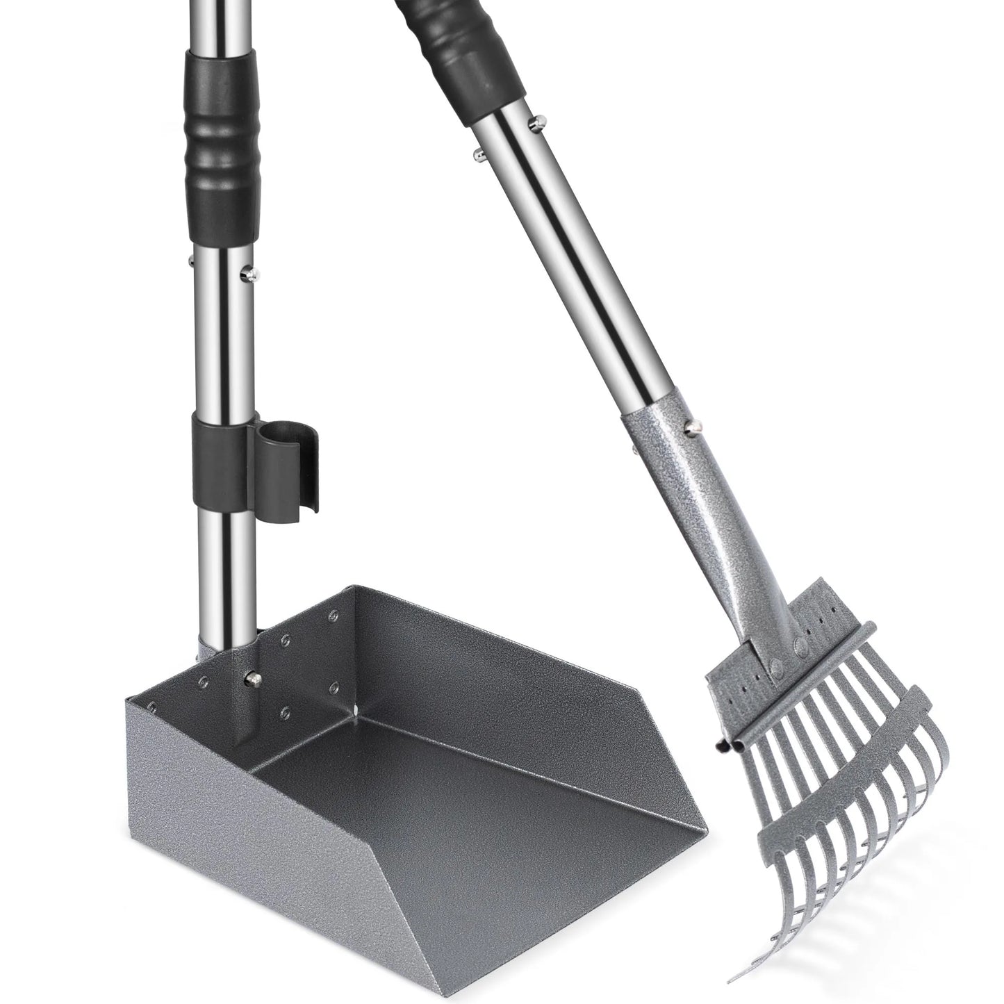 Dog Pooper Scooper, Dog Poop Tray and Rake Set, Pet Waste Removal Scoop with Long Adjustable Sectional Stainless Handles