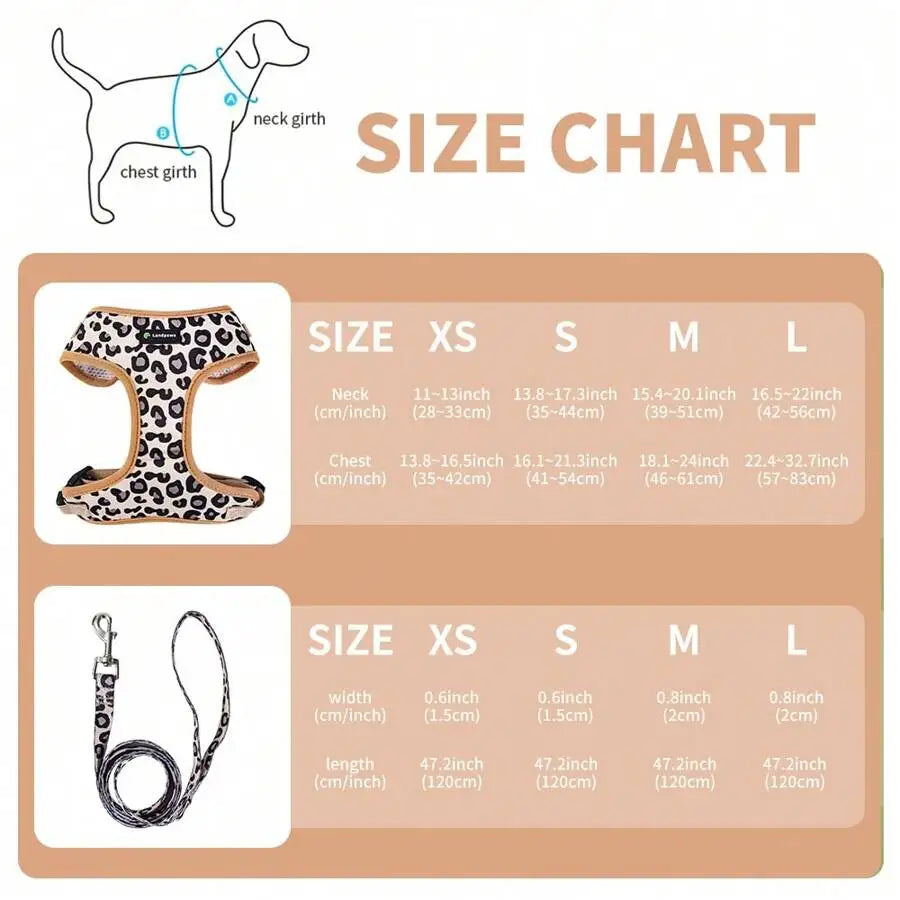 PETSIN 6pcs Pet Dog Outdoor Travel Set: Leopard Print Harness, Leash, Collar, Bow Tie, Flag & Poop Bag Holder,