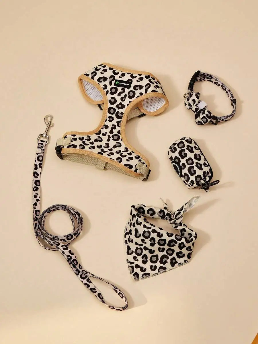 PETSIN 6pcs Pet Dog Outdoor Travel Set: Leopard Print Harness, Leash, Collar, Bow Tie, Flag & Poop Bag Holder,
